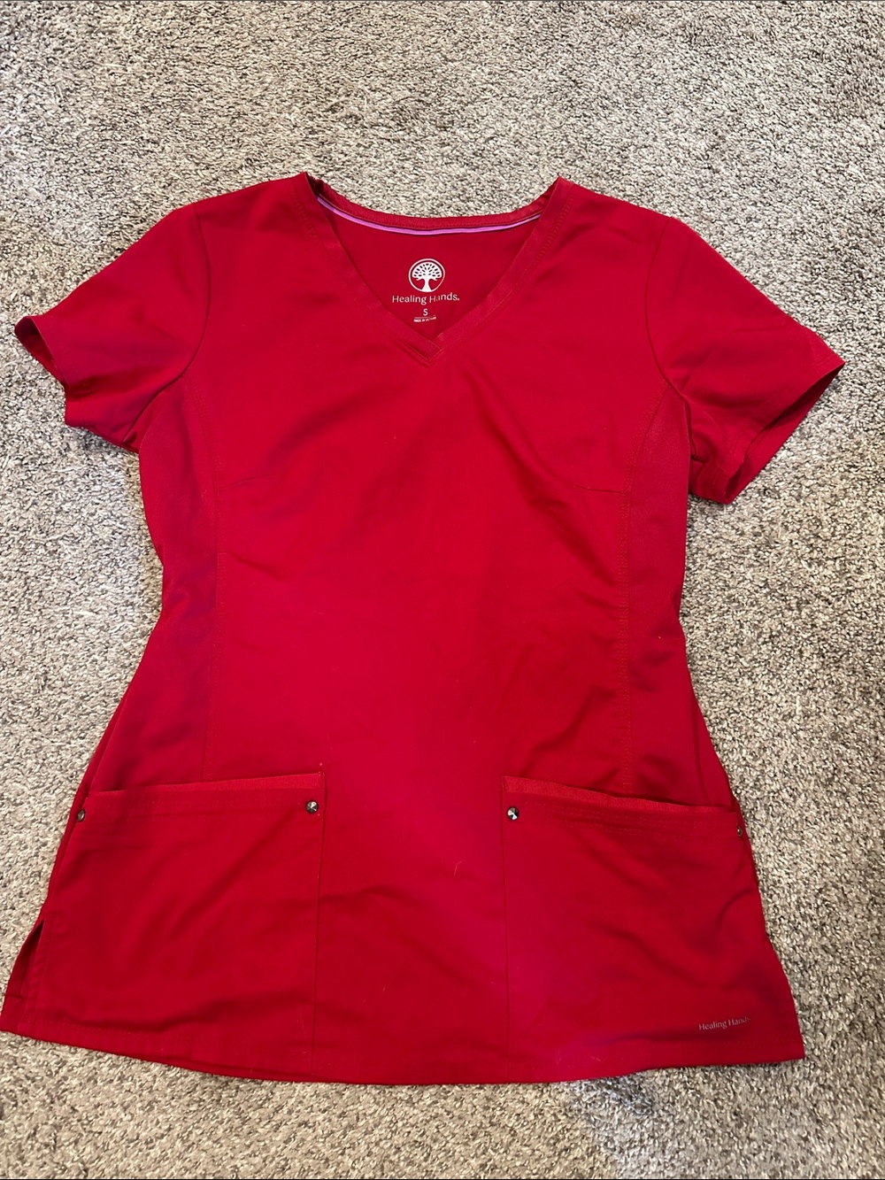 Healing Hands Women’s Red Scrub Top & Pants Set - Professional Medical Wear - Picture 2 of 3